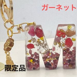 ハンドメイド レジン イニシャルキーホルダー ガーネットとドライフラワーM