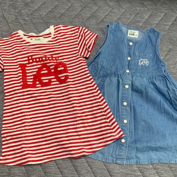 Lee ストライプTシャツ デニムドレスセット ワンピース 女の子 キッズ レイヤード 重ね着 チュニック 90