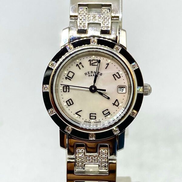稼働品★電池交換済み HERMES エルメス クリッパー ナクレ CL4.230 12Pダイヤ 2連ダイヤブレス クオーツ 腕時計