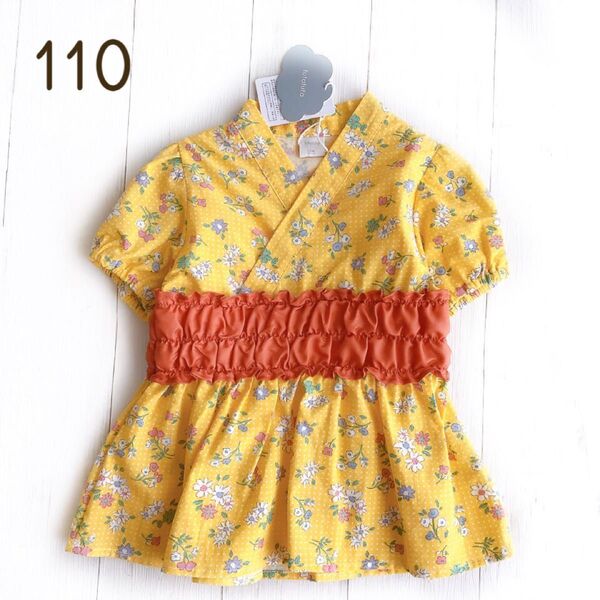 【110】フタフタ 花柄 水玉 浴衣風 ブラウス トップス 黄