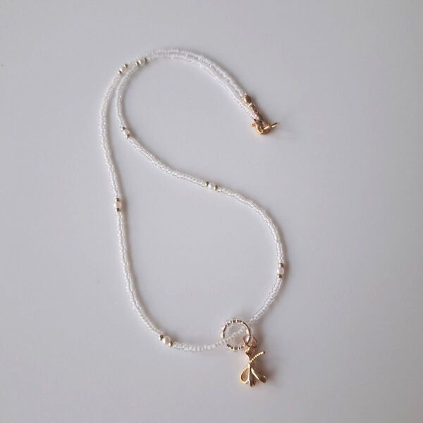 No.187 ビーズネックレス ハンドメイド リボンチャーム ビーズアクセサリー