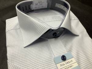 新品　39半袖Ｍサイズ　ワイドカラーカッターシャツ　サックスチェック系薄手生地お買い得　定価5,990円クールビズ対応ワイシャツ