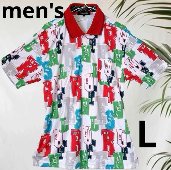No.120スポーツウェアーLメンズ用ポロシャツ柄物美品半袖夏ゴルフ GOLF