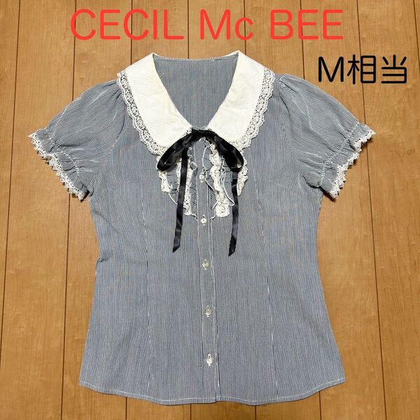 CECIL Mc BEE セシルマクビー 半袖 ブラウス 襟付 シャツ レース リボン M