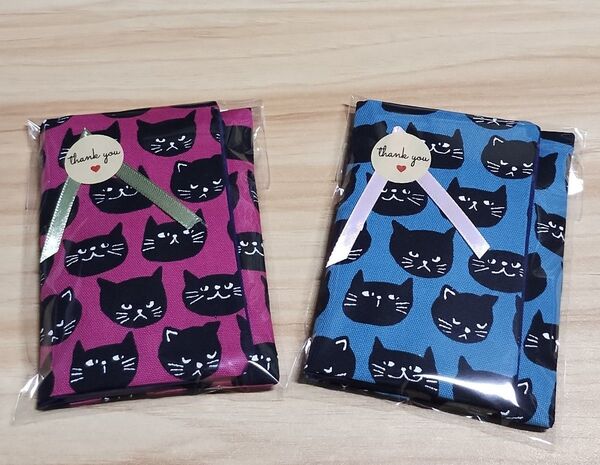 ポケットティッシュケース ハンドメイド ふた付き ネコ柄 猫 色違い 2個セット ティッシュ付き