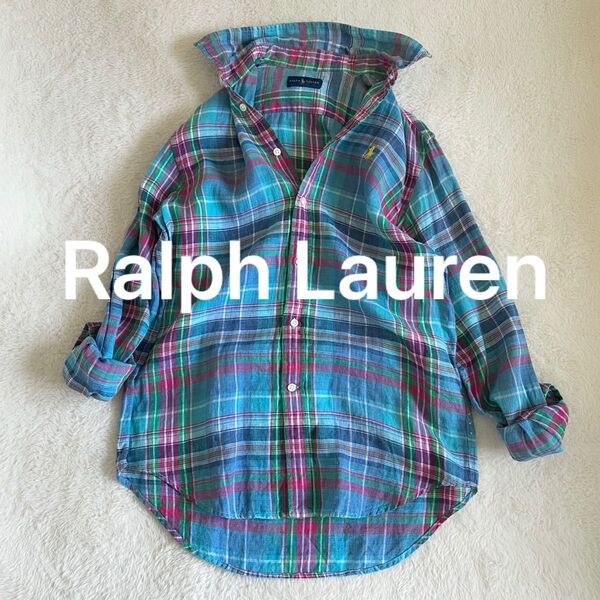 ラルフローレン マドラスチェック リネン100% シャツ ポニー刺繍 M Ralph Lauren