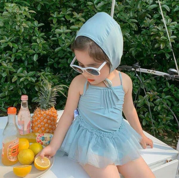 チュール キャミ ワンピース スイムウェア 帽子付 水着 90 女の子 swimwear くすみカラー ミントグリーン 海外