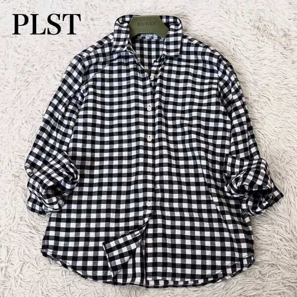 【美品】プラステ PLST レディース 長袖シャツ リネン混 ギンガムチェック ボタンダウン 白 黒 M 洗える 夏