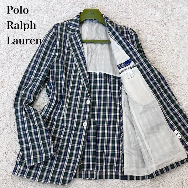 【美品】ポロバイラルフローレン Polo Ralph Lauren テーラードジャケット メンズ チェック 緑 40R 背抜き