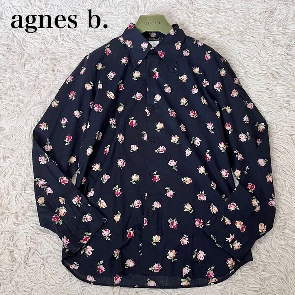 【美品】アニエスベー agnes b. 長袖シャツ メンズ アロハ 花柄 フラワー 総柄 ネイビー 3 L