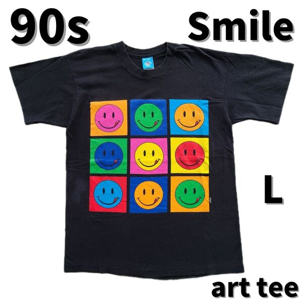 vintage 90s スマイリー アート tシャツ ビンテージ 90年代 usa製 スマイル フルーツオブザルーム 黒 古着