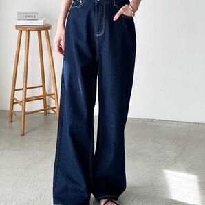 GeeRA 夏にぴったり。ウエスト2ボタンワイドストレートデニムパンツ ネイビー S
