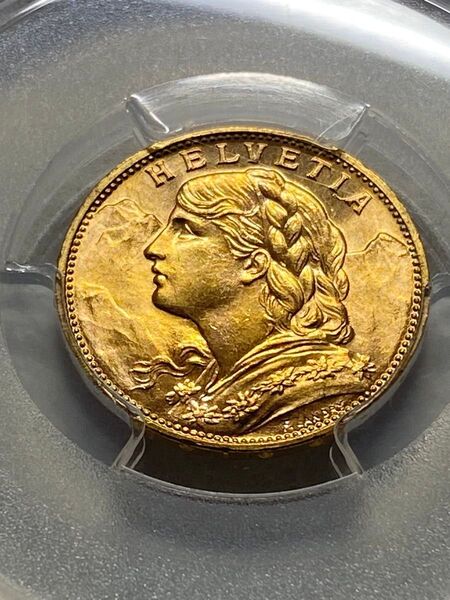 1915年 スイス 20フラン金貨 少女ブレネリ MS66 高鑑定 PCGS!!
