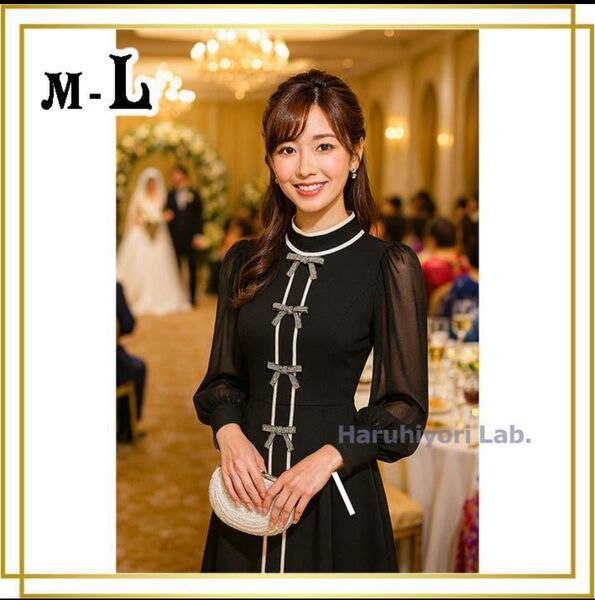 ♪新品♪ワンピース ドレス ロング丈 リボン シフォン 結婚式 お呼ばれ 黒 L ブラック ロングワンピース 長袖ワンピース