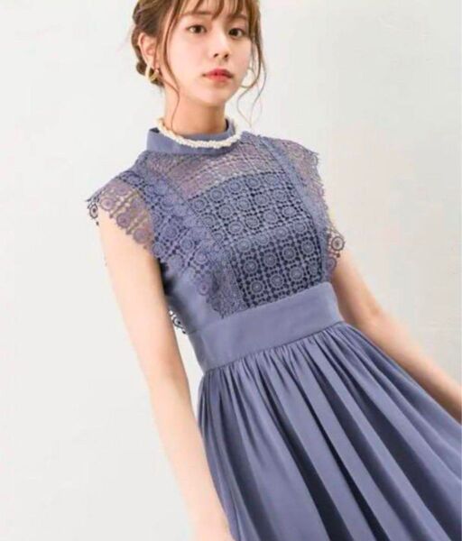 美品!Andemiu Aラインレース切替シフォンロング丈ワンピースドレス Sくすみブルー アンデミュウパーティーフォーマル結婚式