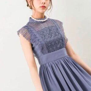 美品!Andemiu Aラインレース切替シフォンロング丈ワンピースドレス Sくすみブルー アンデミュウパーティーフォーマル結婚式