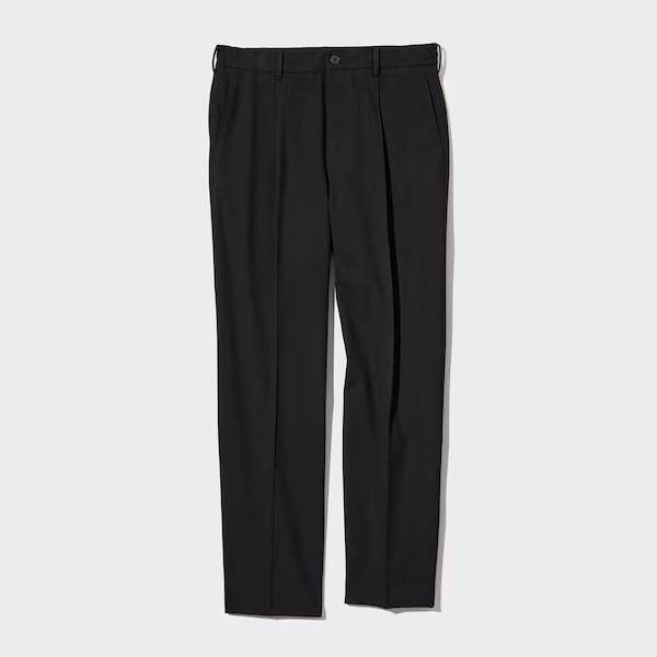 美品!UNIQLOタックテーパードパンツ(ワイドフィット)黒L / ユニクロストレッチスラックスブラック 通勤仕事ビジカジオフィス