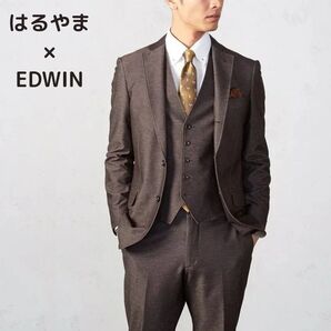 美品!上下2点セットアップスーツ EDWINデニム調ニット素材 ABLブラウンジャージー テーラードジャケット+ストレートパンツ茶