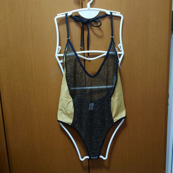 wicked weasel 黒xゴールドメッシュシースルーワンピース水着