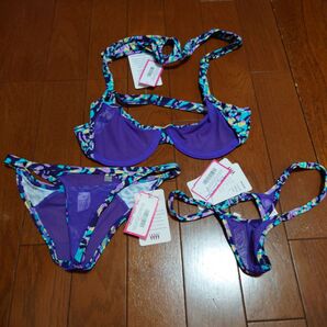 wicked weasel パープルメッシュシースルービキニ3点セット(ボトム特注品)