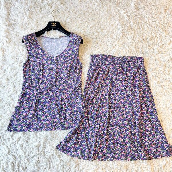 LAURA ASHLEY(ローラアシュレイ)花柄 ノースリーブトップス&スカート セットアップ ゆったり パープル フラワー