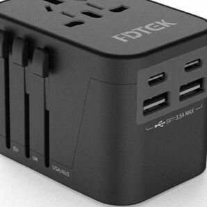 海外変換プラグ 全世界対応 FDTEK 2つUSB-Cと2つUSB-Aポート付き