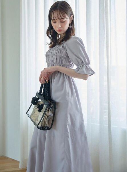 【GRL】*訳あり*バックリボンスクエアネックシャーリングフレアワンピース