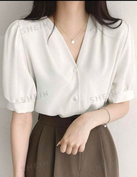 SHEIN ボタンフロント パフスリーブ ブラウス ホワイト シーイン シャツ