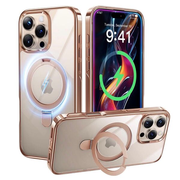 CASEKOO iPhone 16 Pro 用 クリアケース MagSafe対応 スタンド付き ゴールド