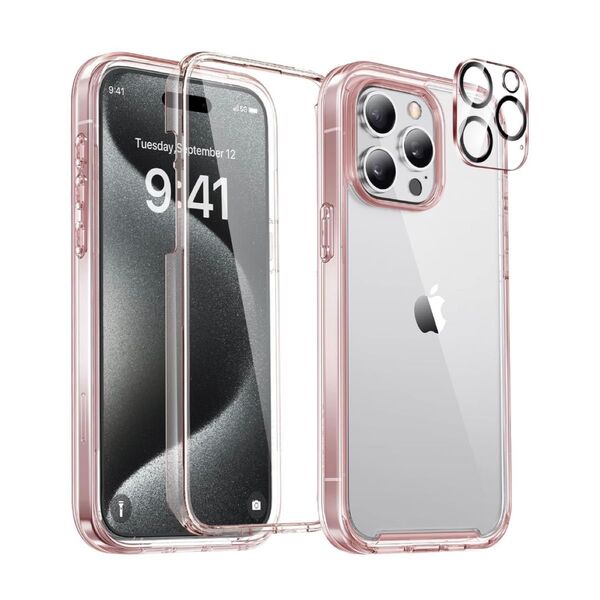 Miracase iPhone 15 Pro ケース クリア+ピンク 強化ガラスフィルム内蔵360°フル保護設計