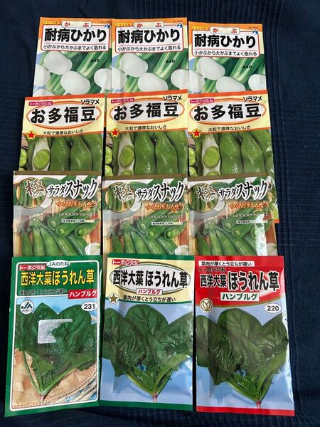 野菜の種 かぶ おたふく豆 えんどう豆 ほうれん草