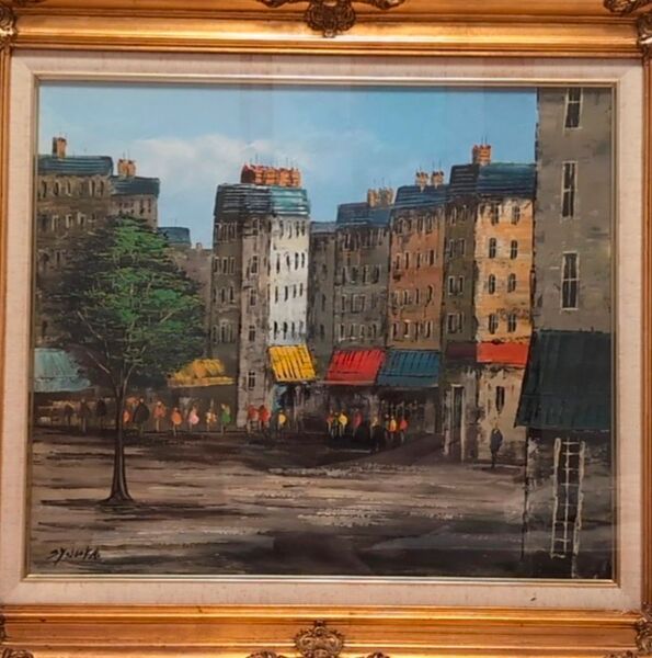 油彩画「パリ街景」吉岡良夫 額付き ヨーロッパ風景 インテリア アート