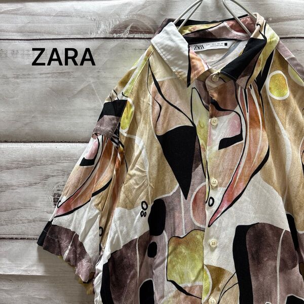 ZARA アート 総柄 レーヨンシャツ 半袖シャツ マルチカラー お洒落 L