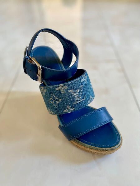 美品 ルイヴィトン モノグラム デニム スターボードライン 厚底 ウェッジ サンダル 37 24cm LOUIS VUITTON