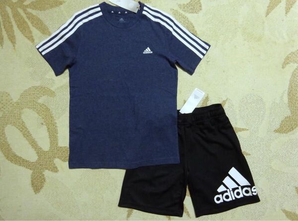 新品未使用 150 adidas アディダス 半袖3ストライプTシャツ 杢紺 ネイビー・快適!!ビッグロゴハーフパンツ 黒 上下