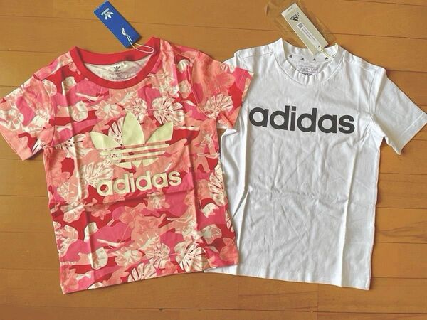 新品未使用 130 2枚 adidas アディダスオリジナルス 半袖Tシャツ (ガールズ フローラル ピンク)(リニアロゴ 白)