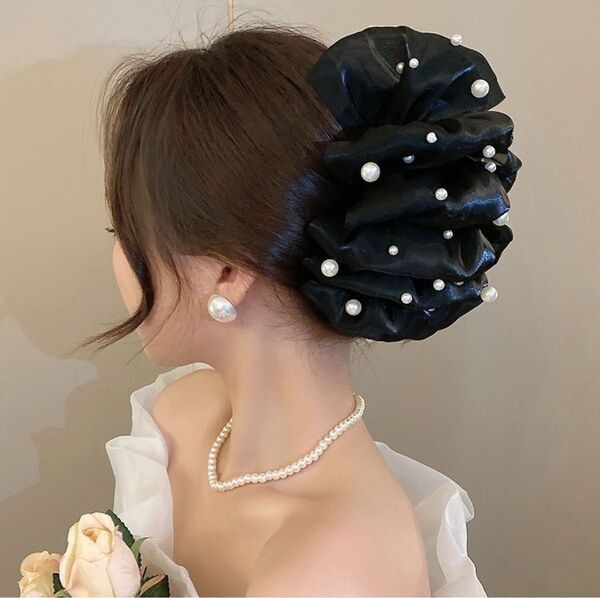 ブラック シフォン パール ヘアアクセサリー ヘアクリップ バンスクリップ 髪留め 髪飾り 結婚式 おしゃれ