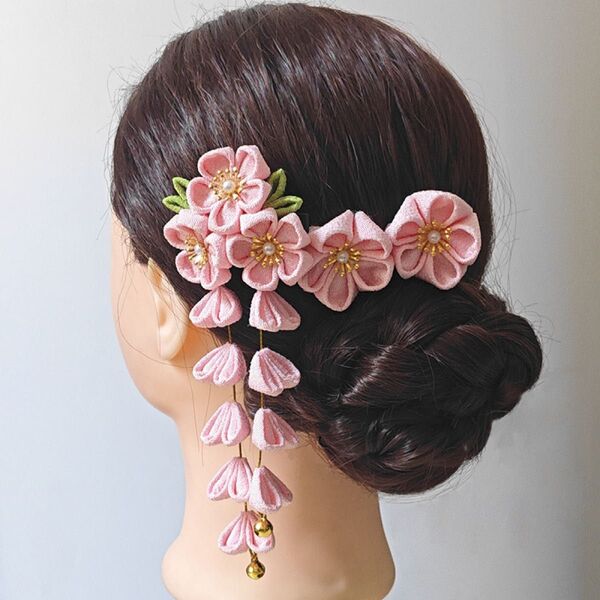 つまみ細工髪飾り ヘアピン 花 かんざし Uピン 和装小物 振袖 前撮り 結婚式 成人式 袴 卒業式 七五三 花火大会 ピンク