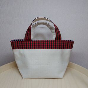 倉敷帆布使用 ミニ舟形バッグ 赤チェック ハンドメイド
