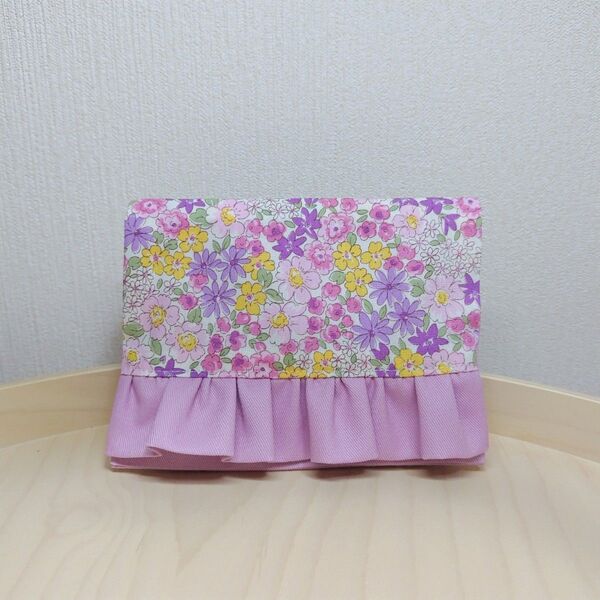 移動ポケット 小花柄 フリル ピンク マチあり ハンドメイド