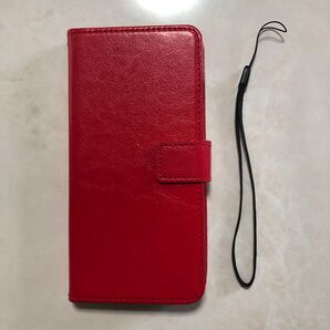 手帳型スマホケース レッド ストラップ付き