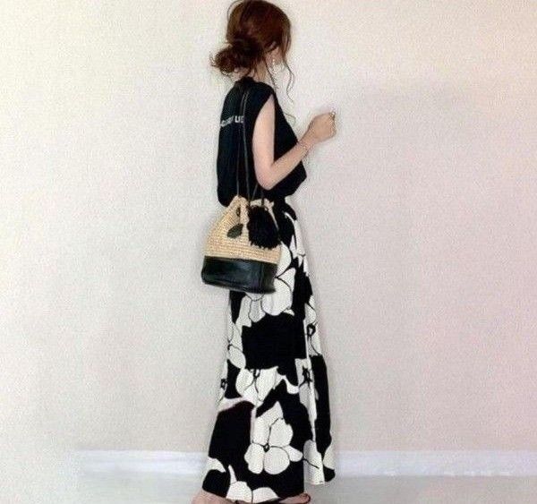 花柄 セットアップ 半袖 春 マキシ丈 上下セット 夏 スカート モノクロ