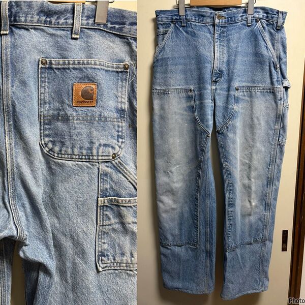 USA製 Carhartt ダブルニー デニムペインターパンツ フェード ヒゲ カーハート