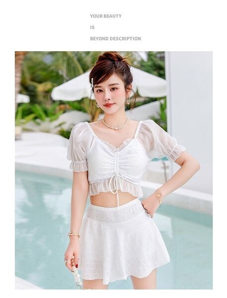 レディース 水着 白 L 夏 リボン シースルー フリル レース 韓国 海