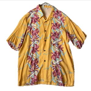 古着 ヴィンテージ Hawaii アロハシャツ 開襟シャツ レーヨン L ハイビスカス オープンカラー 総柄