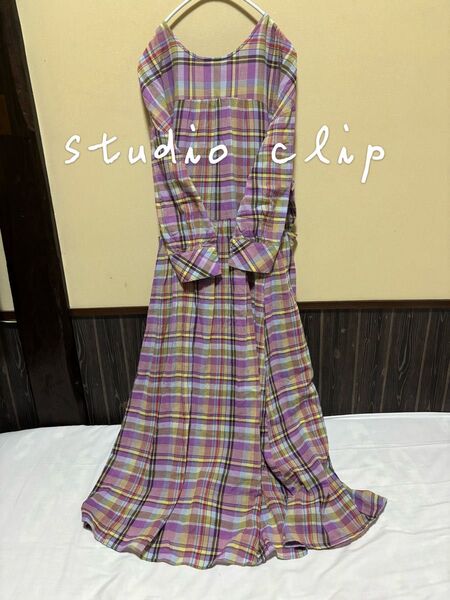 studio clip チェック ロング シャツ ワンピース コットン 長袖 パープル カズミ