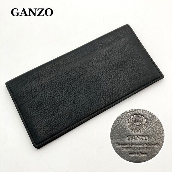 激レア【美品】GANZO ガンゾ 長財布 二つ折り財布 ベビーカーフ レザー 黒 マチなし 小銭入れなし ロゴ型押し シンプル
