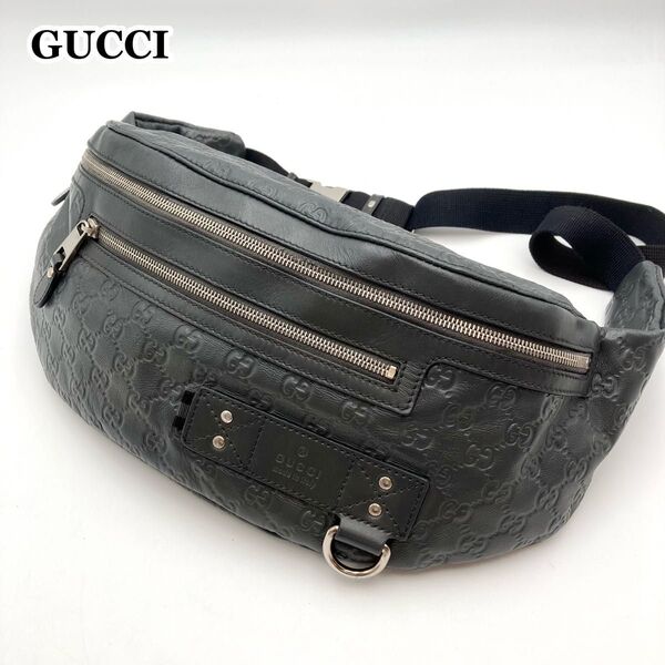 男女OK【美品】GUCCI ボディバッグ ウエストバッグ レザー グレー GGエンボスロゴ グッチシマ シェリーライン 大容量