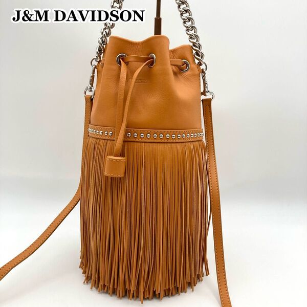 【超美品】J&M DAVIDSON カーニバル ショルダーバッグ 巾着 レザー キャメル ロゴ型押し チェーン 2way フリンジ