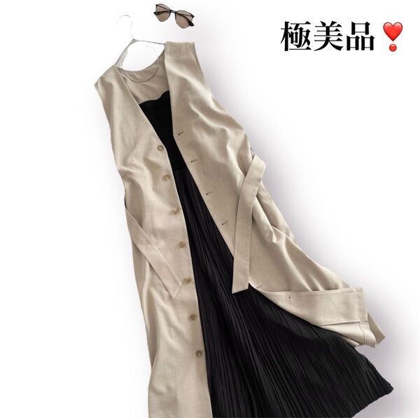 【極美品】ノースリーブ ロング ワンピース☆ジレ ベスト ジャケット リネン 麻 羽織 レイヤード シャツ 2way 通勤 会社